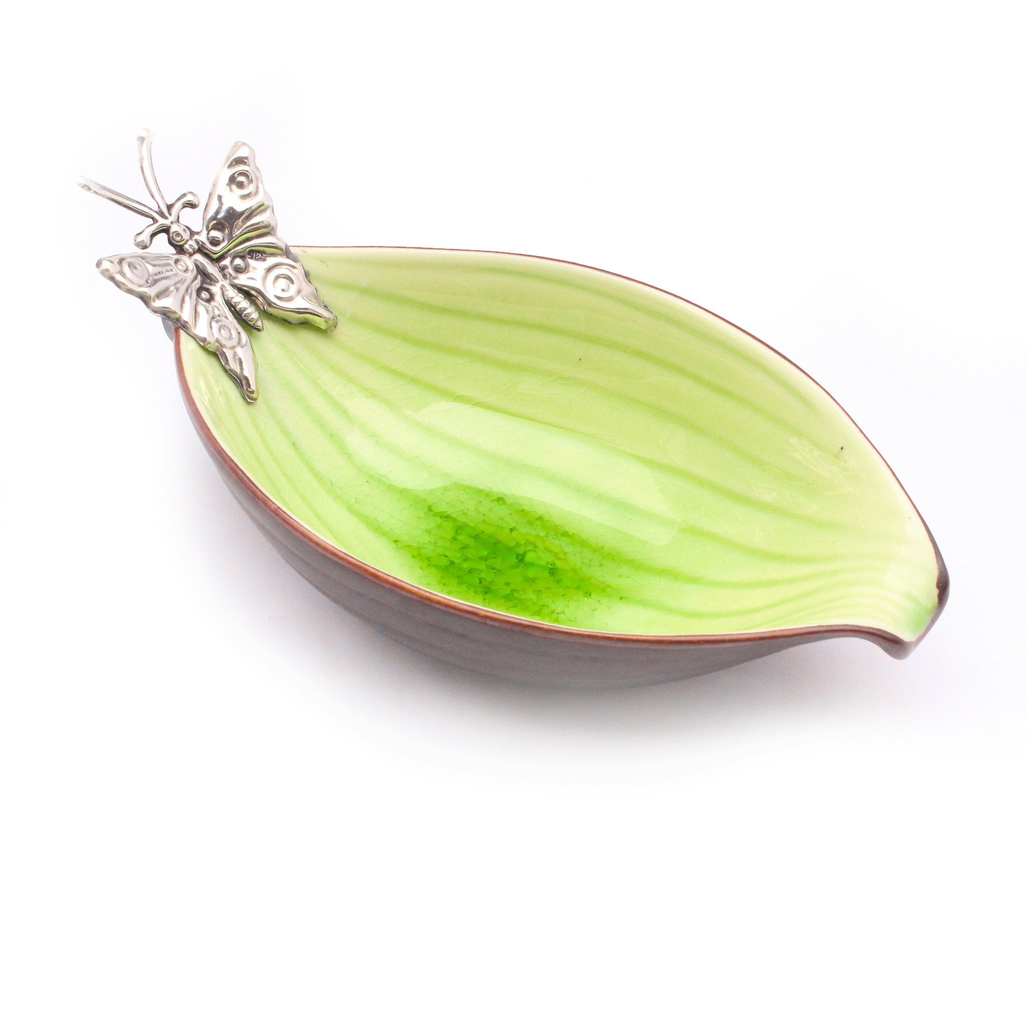 Leaf Shaped Ceramic Dish w/ Sterling Silver Butterfly - Qinti - The Peruvian Shop