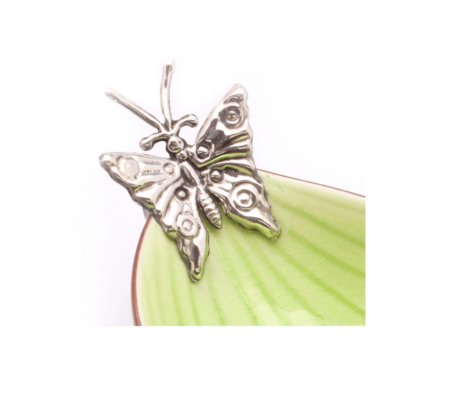 Leaf Shaped Ceramic Dish w/ Sterling Silver Butterfly - Qinti - The Peruvian Shop