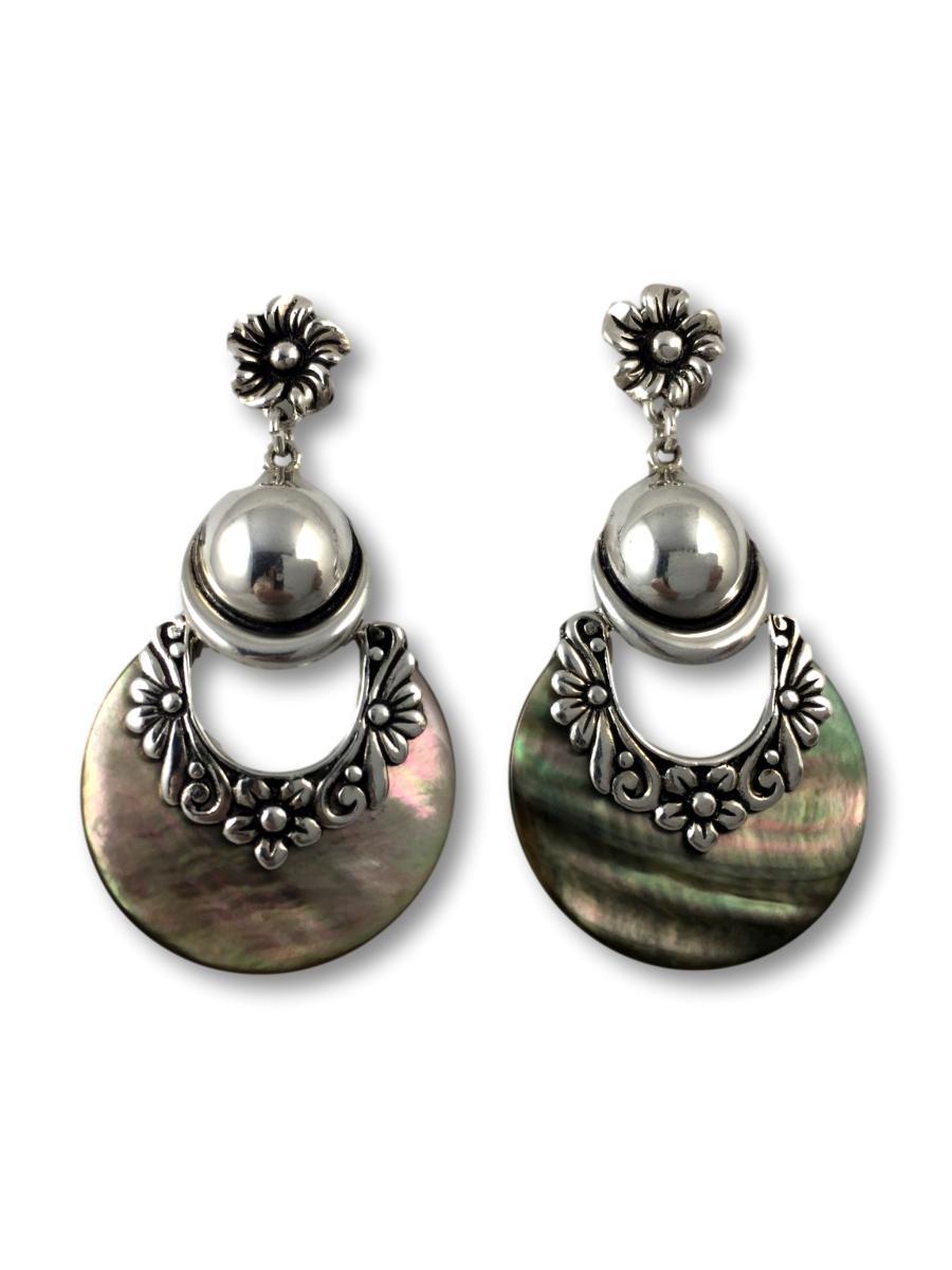 Half-moon Abalone Shell Earrings with Sterling Silver Flower Details - Qinti - The Peruvian Shop