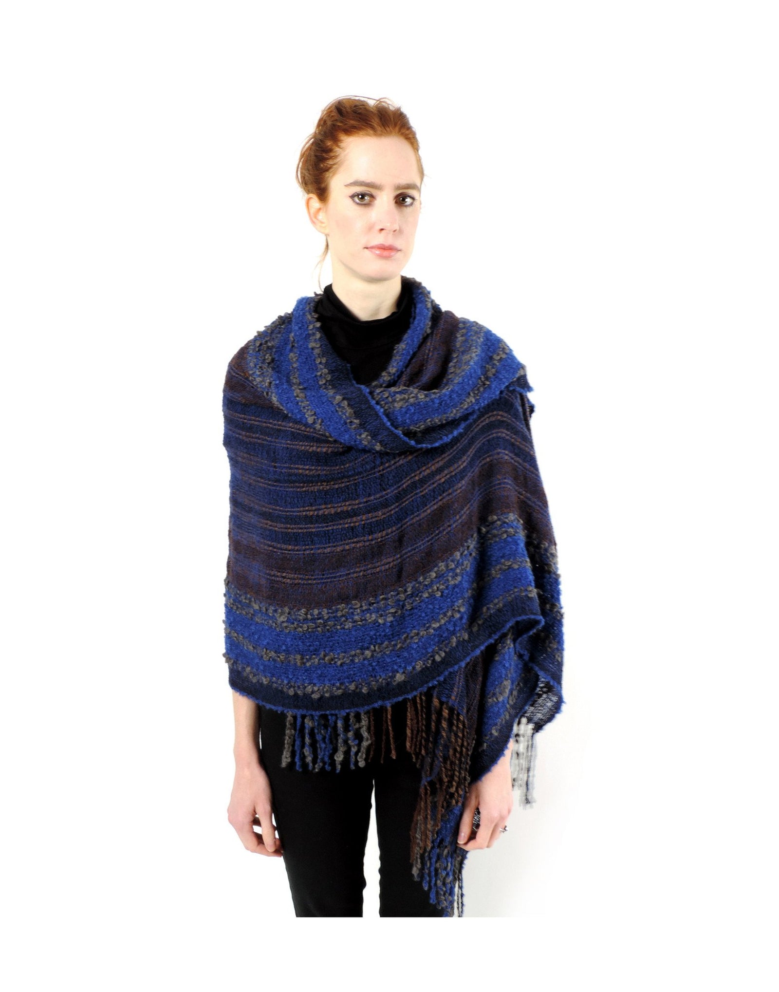 Hand-woven Baby Alpaca Boucle Fantasia Shawl - Blue Grey - Qinti - The Peruvian Shop