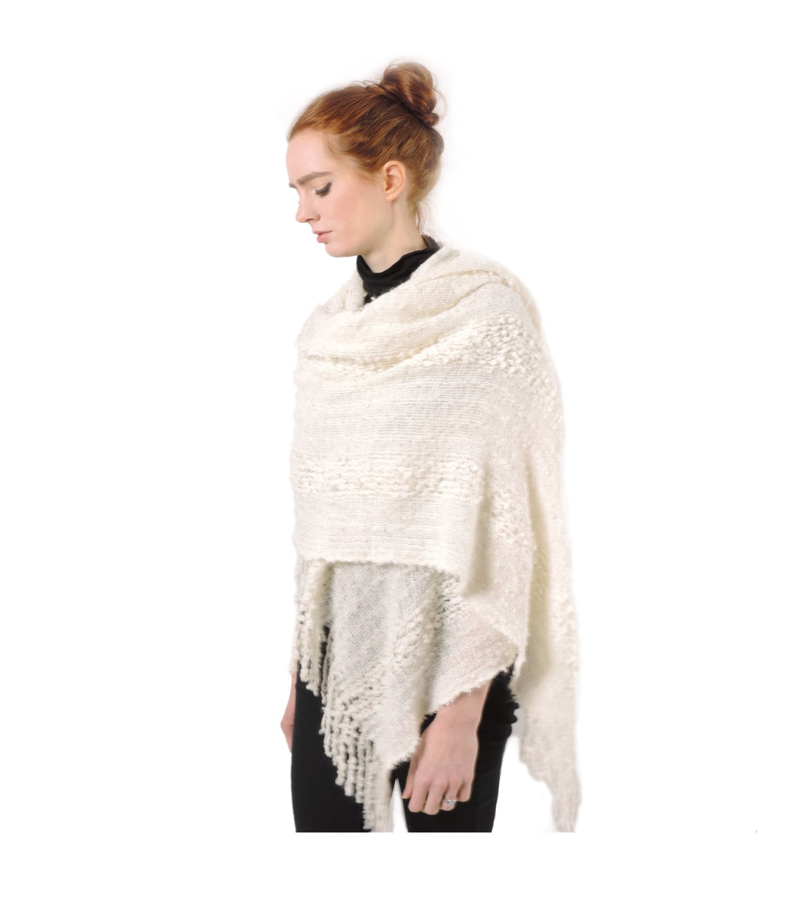 Hand-woven Baby Alpaca Boucle Fantasia Shawl - White - Qinti - The Peruvian Shop