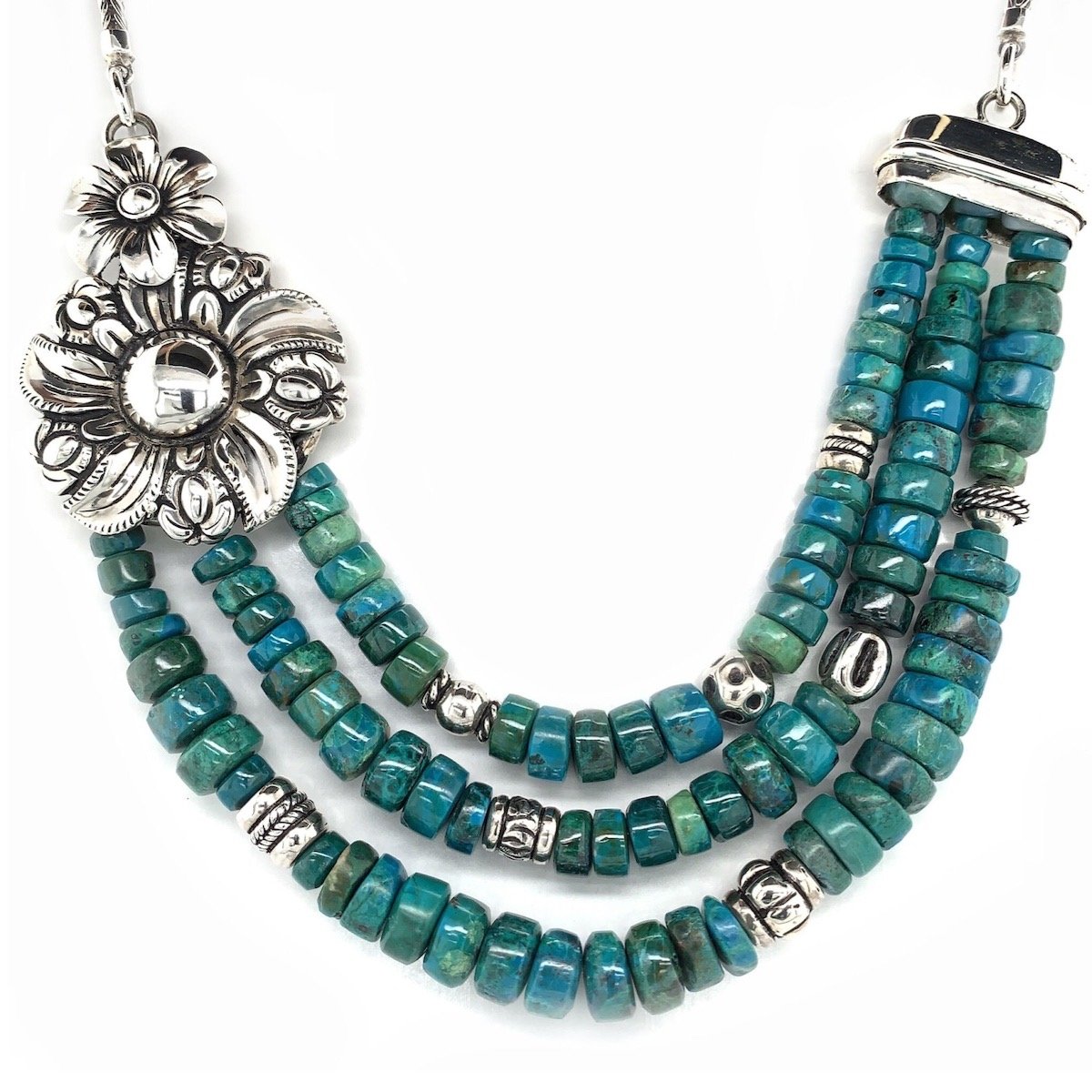 Chrysocolla Beads and Coralina Flower Sterling Silver Necklace - Qinti - The Peruvian Shop