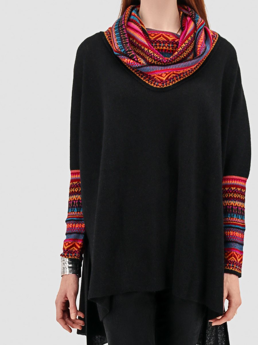 Women's Sweater Poncho with Sleeves - Black and Multi-Color - Qinti - The Peruvian Shop