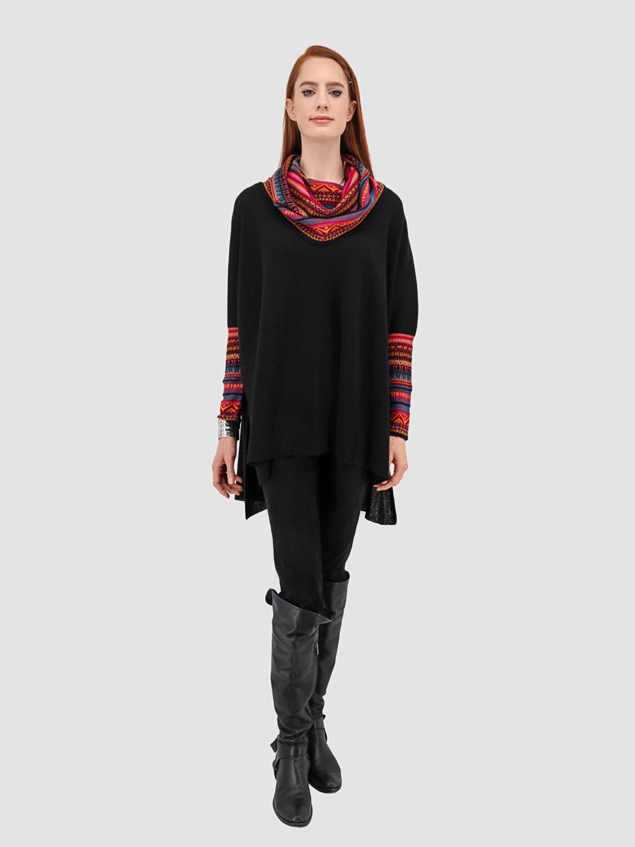Women&#39;s Sweater Poncho with Sleeves - Black and Multi-Color - Qinti - The Peruvian Shop