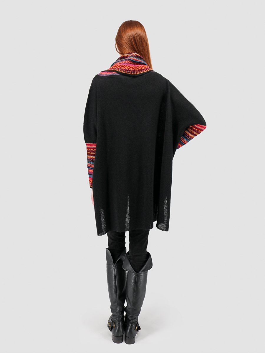 Women&#39;s Sweater Poncho with Sleeves - Black and Multi-Color - Qinti - The Peruvian Shop
