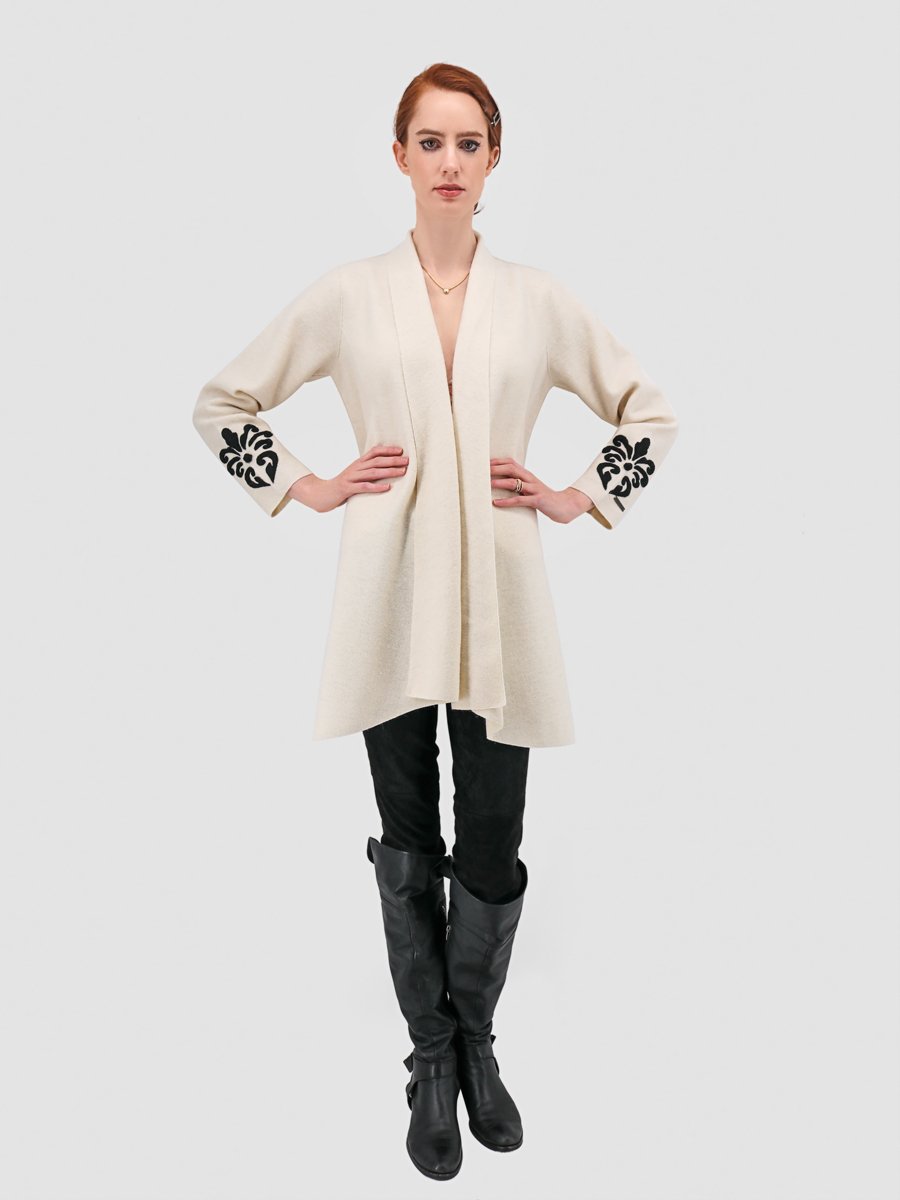 Rococo Open Coat with Shawl Collar &amp; Applique - 60% Baby Alpaca 40% Wool - Qinti - The Peruvian Shop