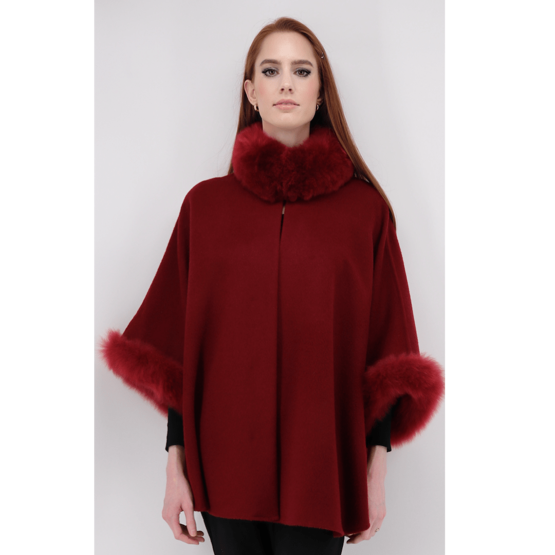 Baby Alpaca Cape with Fur Trim - Crimson / Long - Qinti - The Peruvian Shop
