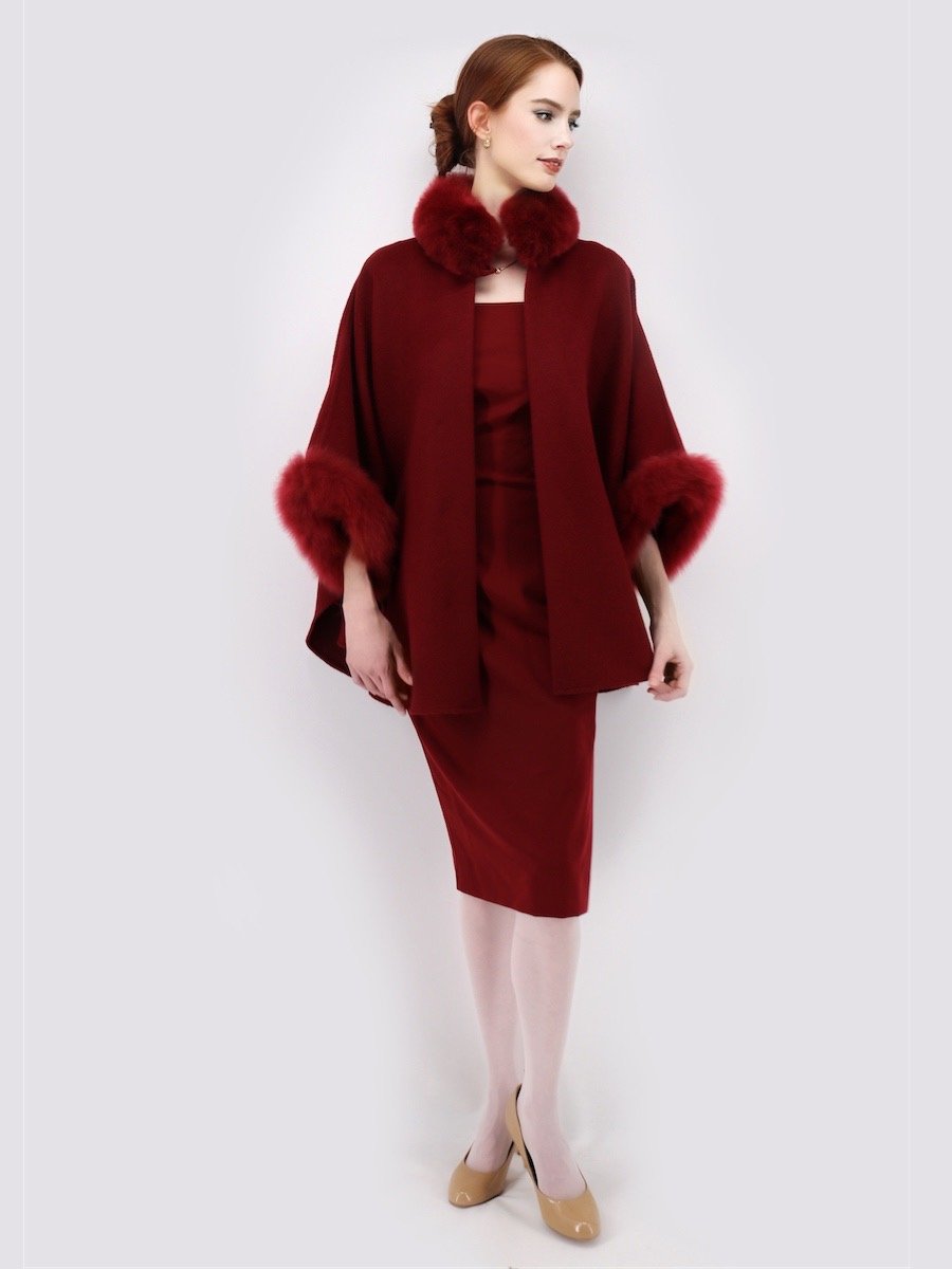 Baby Alpaca Cape with Fur Trim - Crimson / Long - Qinti - The Peruvian Shop