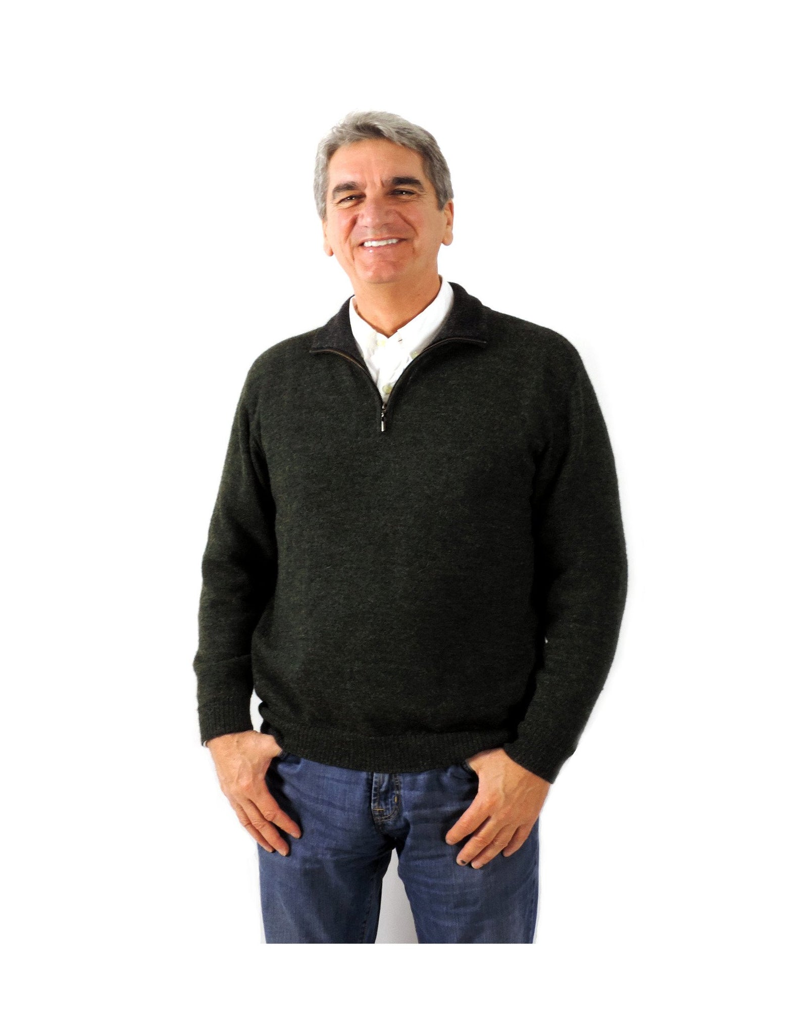 Men's Baby Alpaca Half Zip Sweater - Green Melange - Qinti - The Peruvian Shop