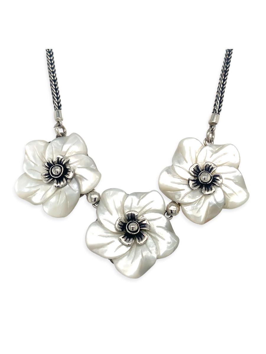 Sterling Silver &amp; Carved Mother-of-Pearl Flower Necklace