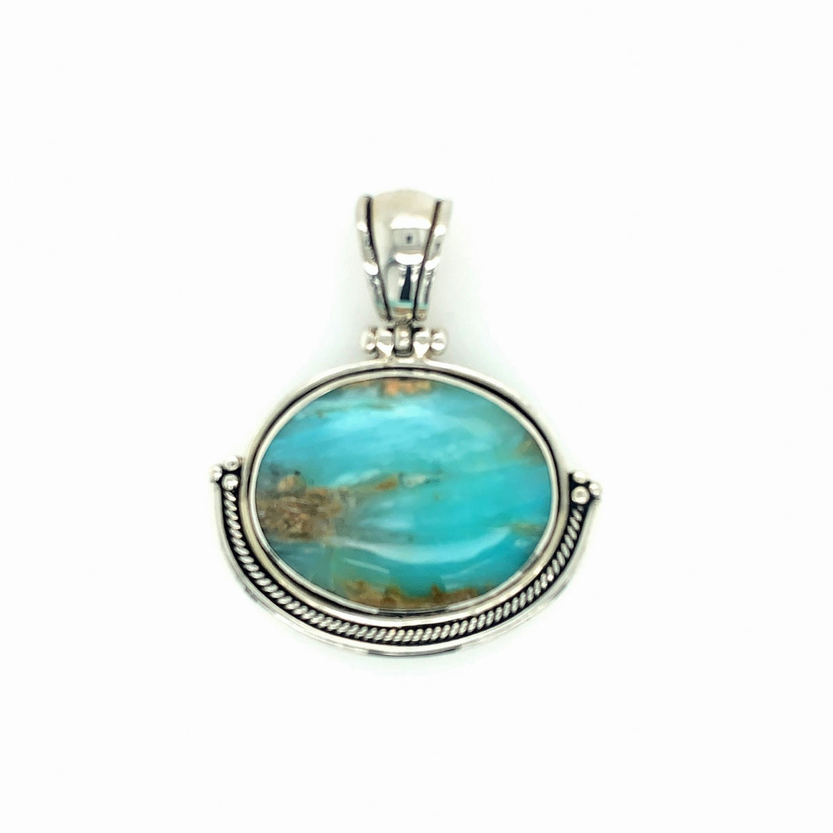 Sterling Silver &amp; Peruvian Blue Opal Oval Pendant with Rope Detail - Qinti - The Peruvian Shop
