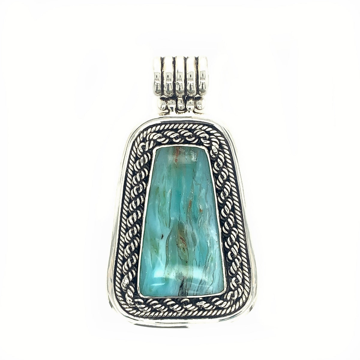 Sterling Silver &amp; Peruvian Blue Opal Trapezoid Pendant with Rope Detail - Qinti - The Peruvian Shop