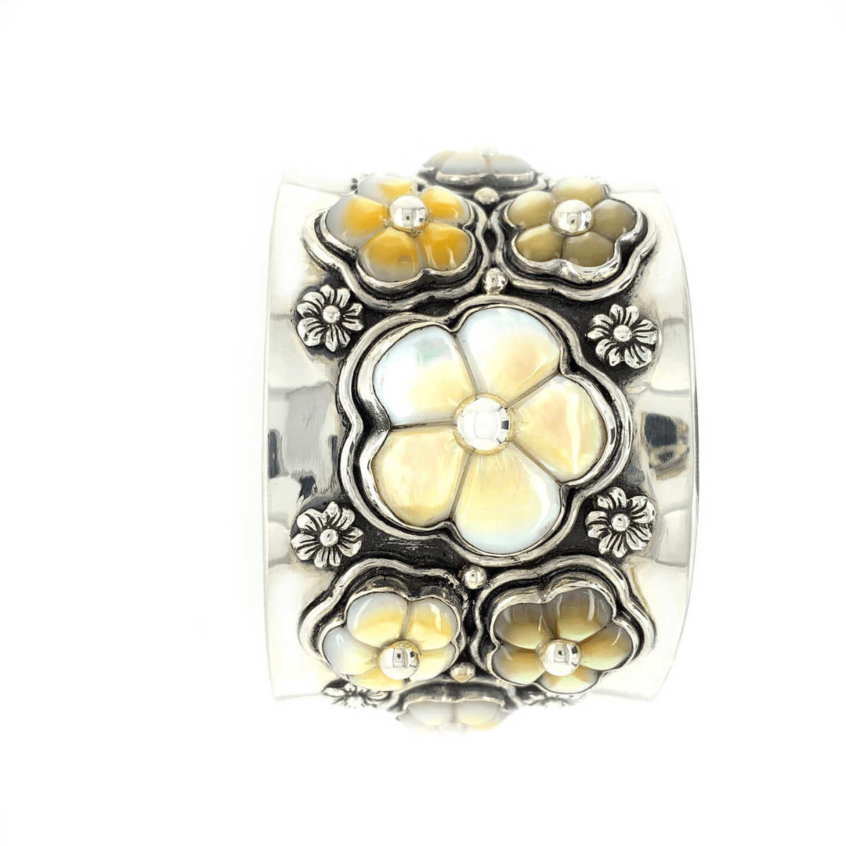 Carved Mother-of-Pearl Flowers & Sterling Silver Cuff - Qinti - The Peruvian Shop