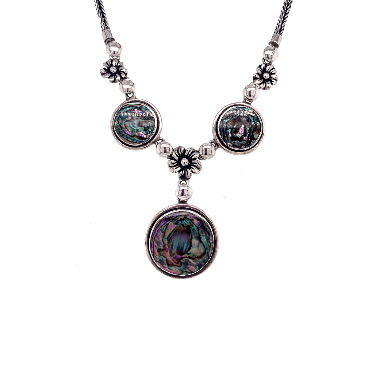Abalone Shell Disks &amp; Flowers Sterling Silver Necklace - Qinti - The Peruvian Shop