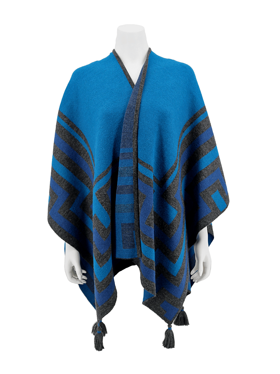 Baby Alpaca Knit 'Caminos' Ruana Poncho with Tassels - Blue Teal - Qinti - The Peruvian Shop