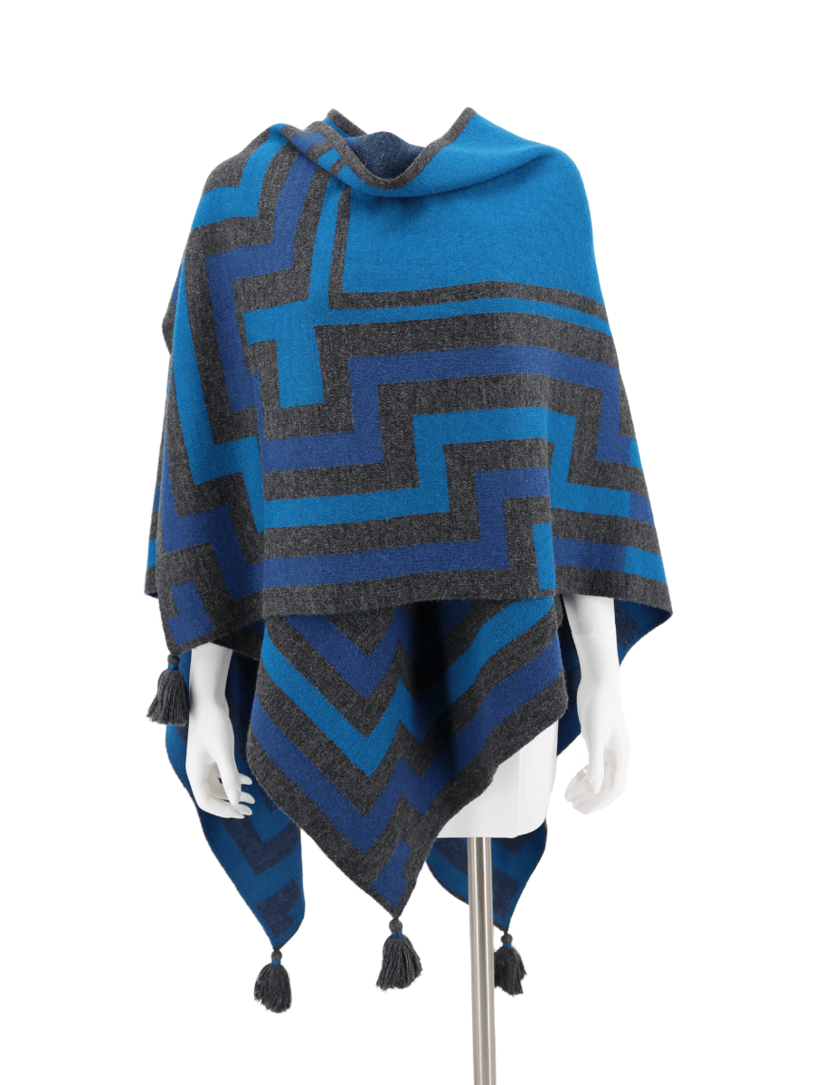 Baby Alpaca Knit &#39;Caminos&#39; Ruana Poncho with Tassels - Blue Teal - Qinti - The Peruvian Shop