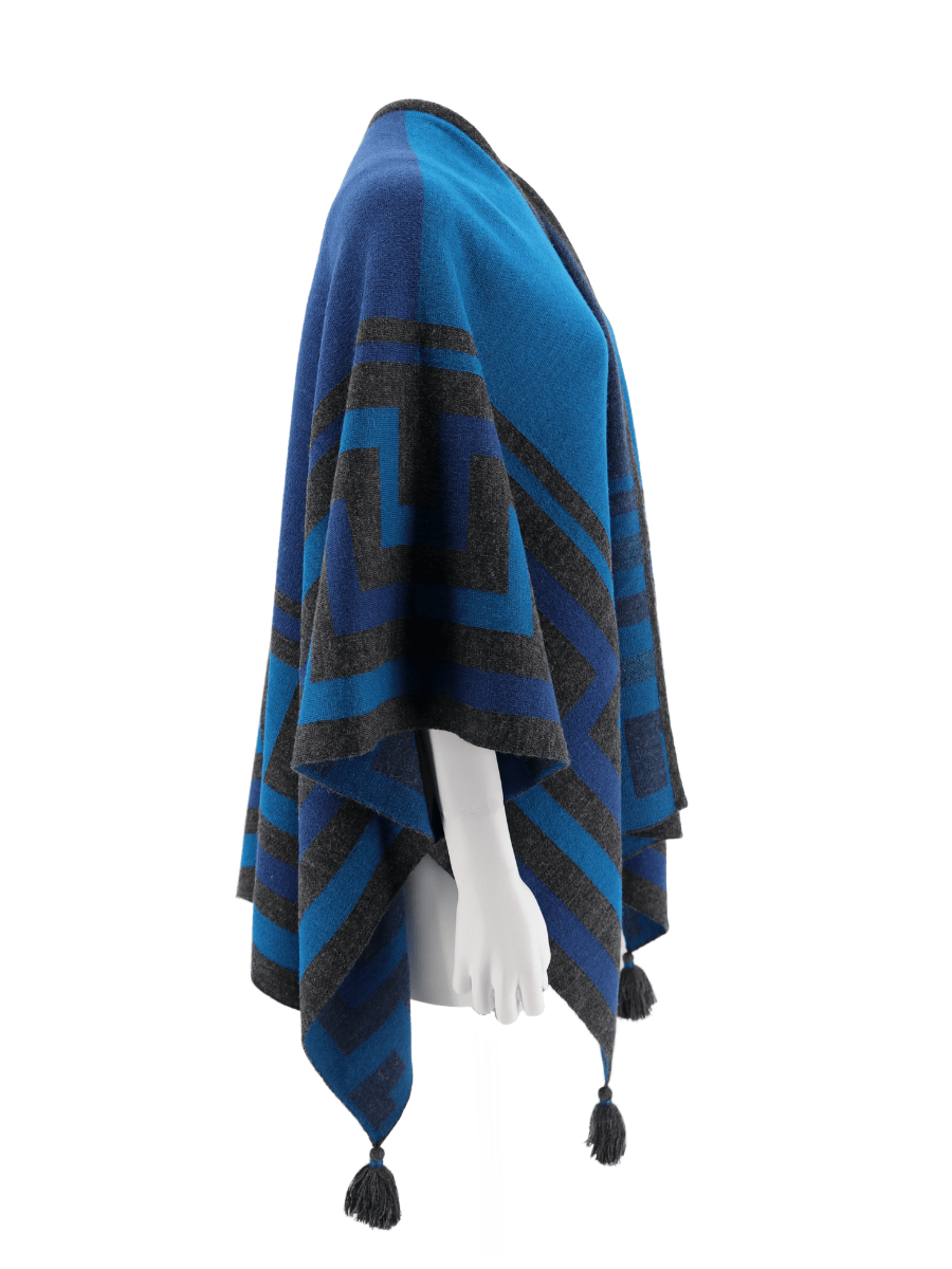 Baby Alpaca Knit &#39;Caminos&#39; Ruana Poncho with Tassels - Blue Teal - Qinti - The Peruvian Shop