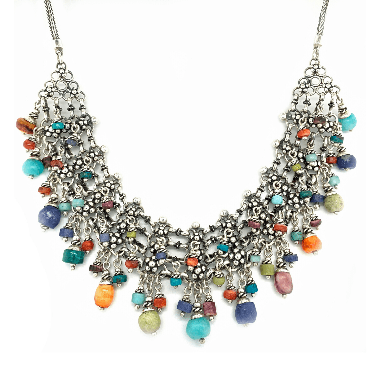 Multi-Colored Beads Cascade &amp; Burnished Sterling Silver Necklace - Qinti - The Peruvian Shop