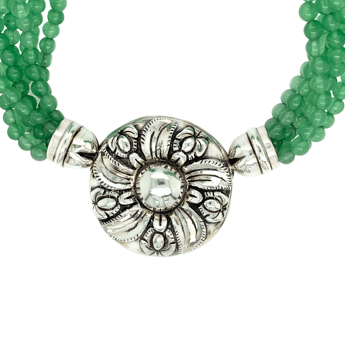 Green Jade Strands &amp; Sterling Silver Colonial Flower Necklace - Qinti - The Peruvian Shop