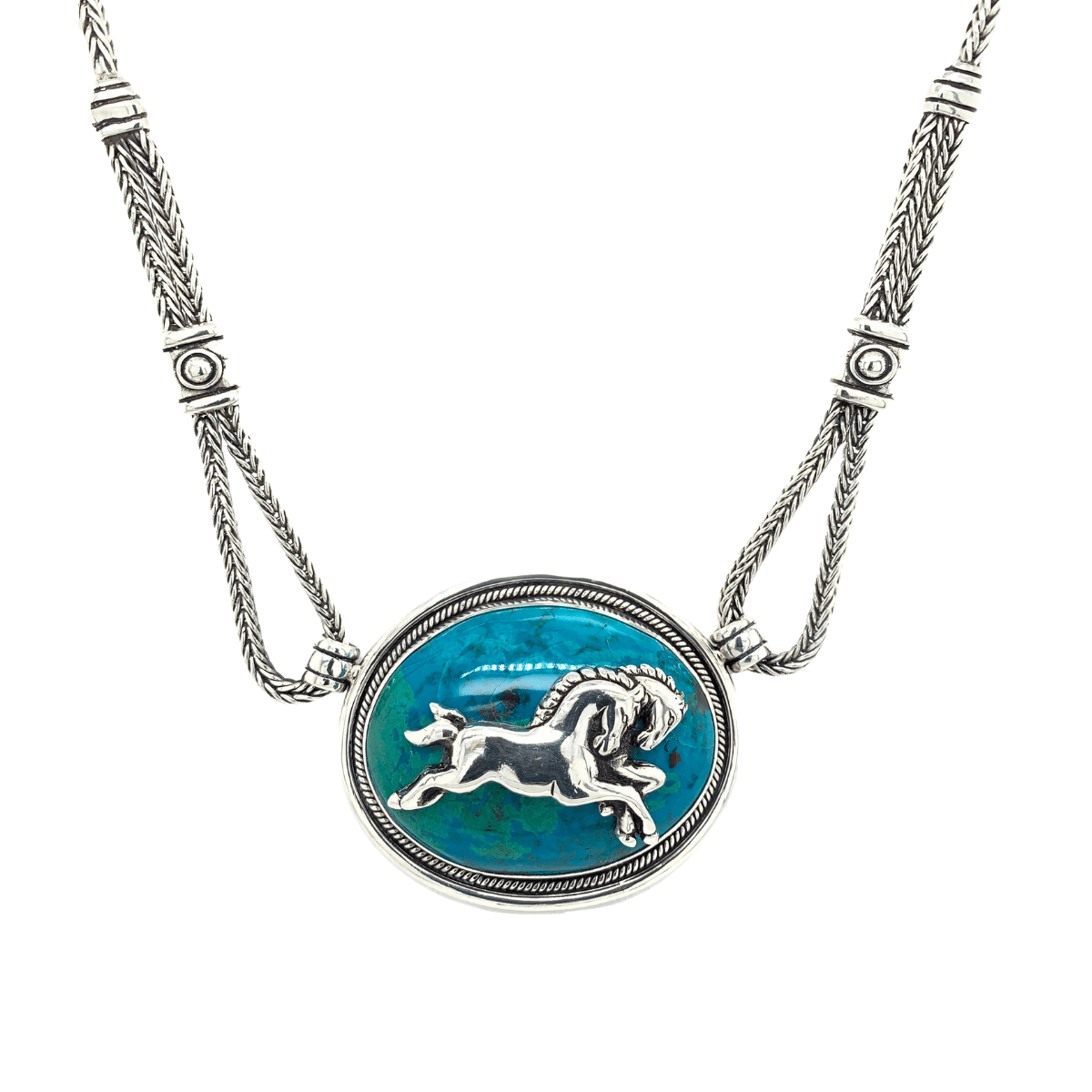 Horses Chrysocolla Medallion & Sterling Silver Necklace - Qinti - The Peruvian Shop