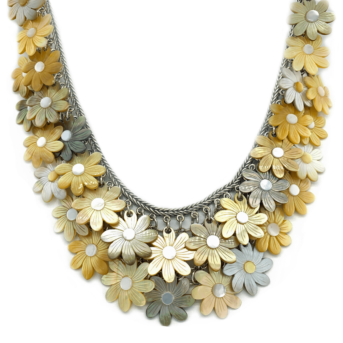 Mother-of-Pearl Daisies &amp; Sterling Silver Mesh Necklace - Qinti - The Peruvian Shop