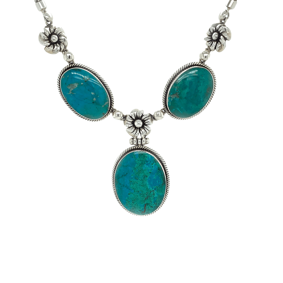 Chrysocolla (Peruvian Turquoise) Ovals & Sterling Silver Necklace - Qinti - The Peruvian Shop