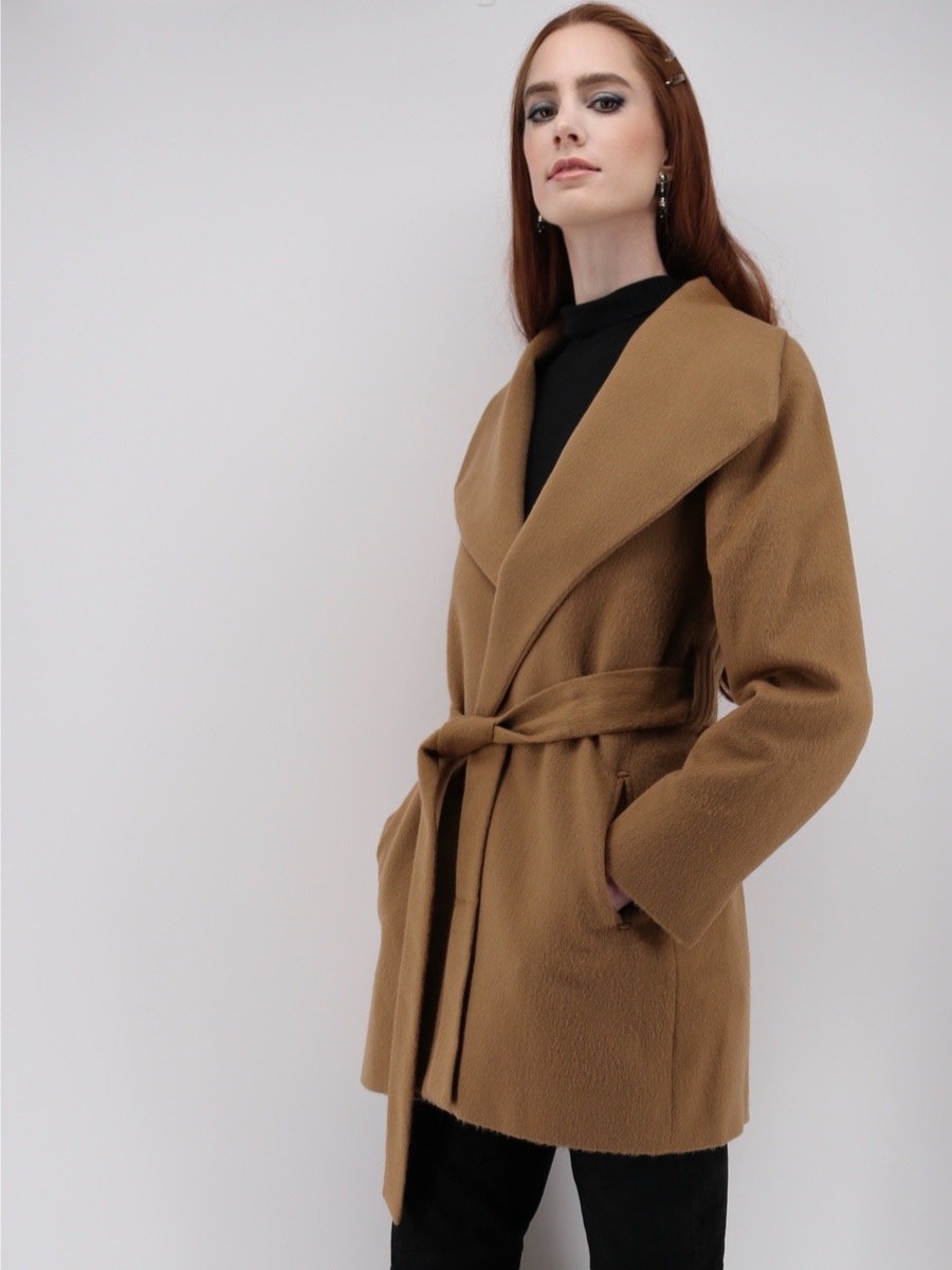 Women's Wide Collar Wrap Coat - Short-Length - Camel - Qinti - The