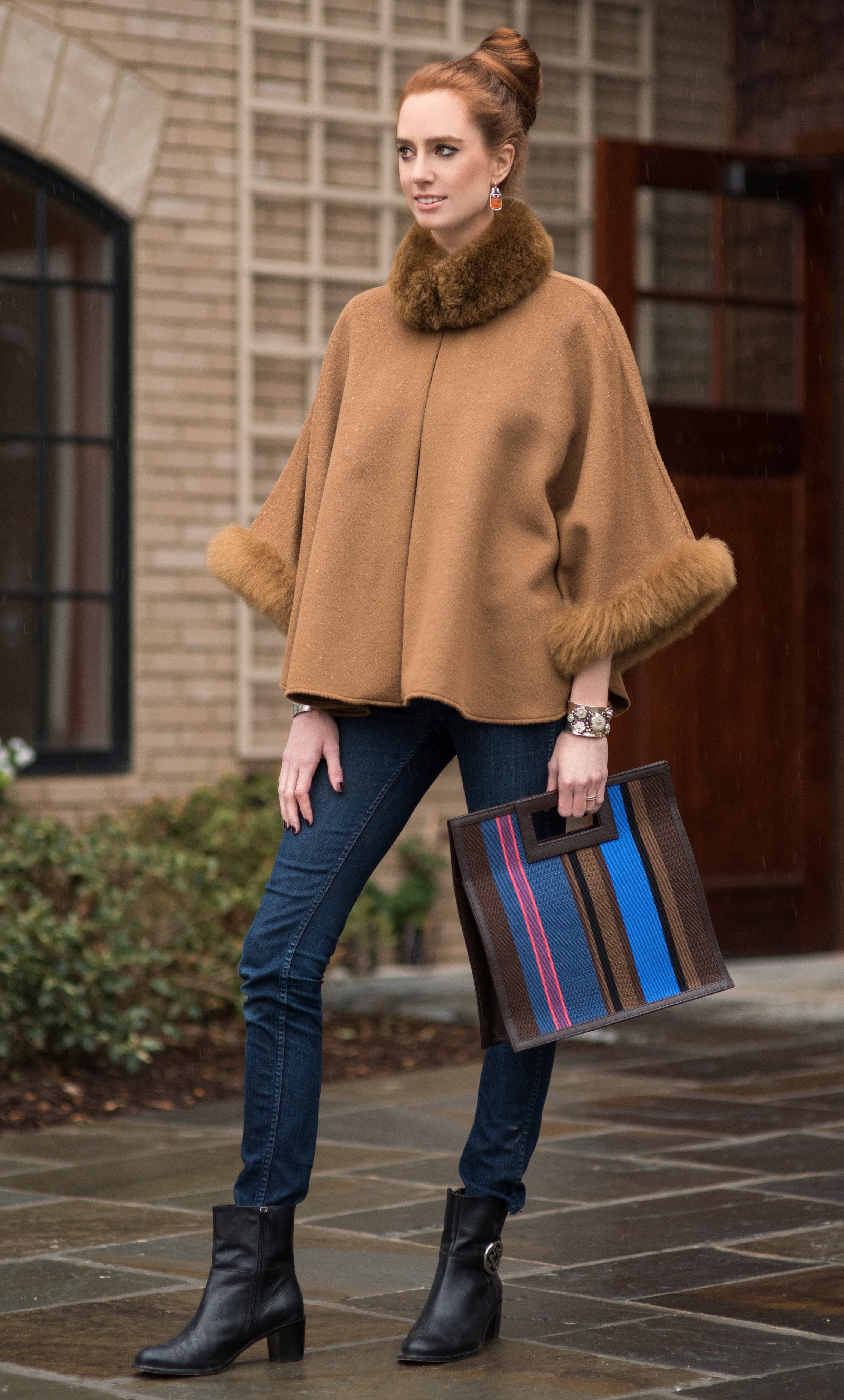 Baby Alpaca Short Cape with Fur Trim - Camel - Qinti - The