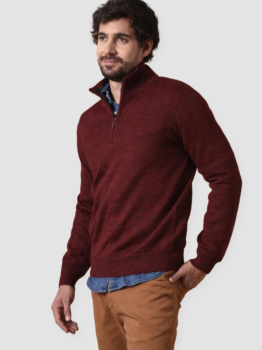 Men&#39;s Baby Alpaca Half Zip Sweater - Crimson Melange