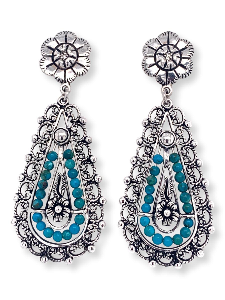Filigree Teardrop Earrings in Sterling Silver and Chrysocolla - Qinti - The Peruvian Shop