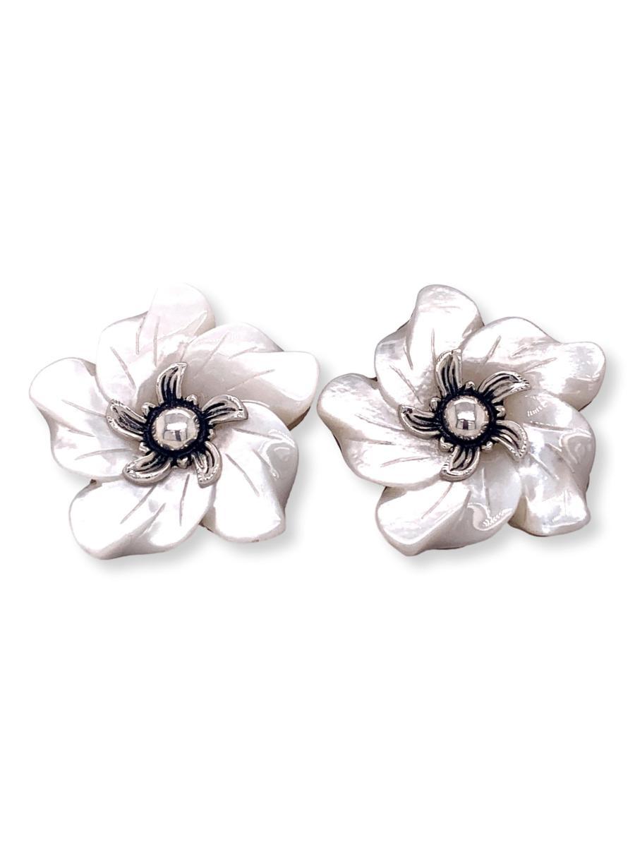 Pearl Flower Stud Earrings | Pearl Stud Earrings | Camellia Earrings with Sterling Silver Pins