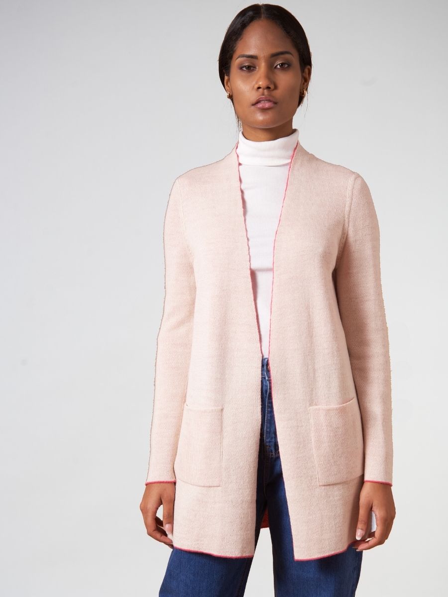 Women Reversible Alpaca Cardigan - Coral / Cream