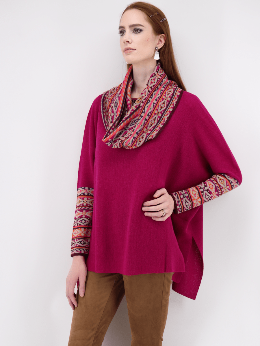 Women's Poncho Sweater with Sleeves in Bright Pink - Qinti - The Peruvian Shop