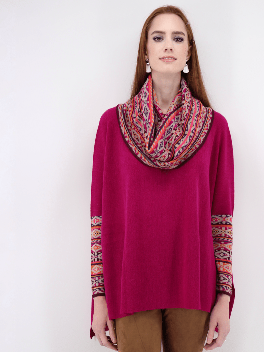 Women's Poncho Sweater with Sleeves in Bright Pink - Qinti - The Peruvian Shop