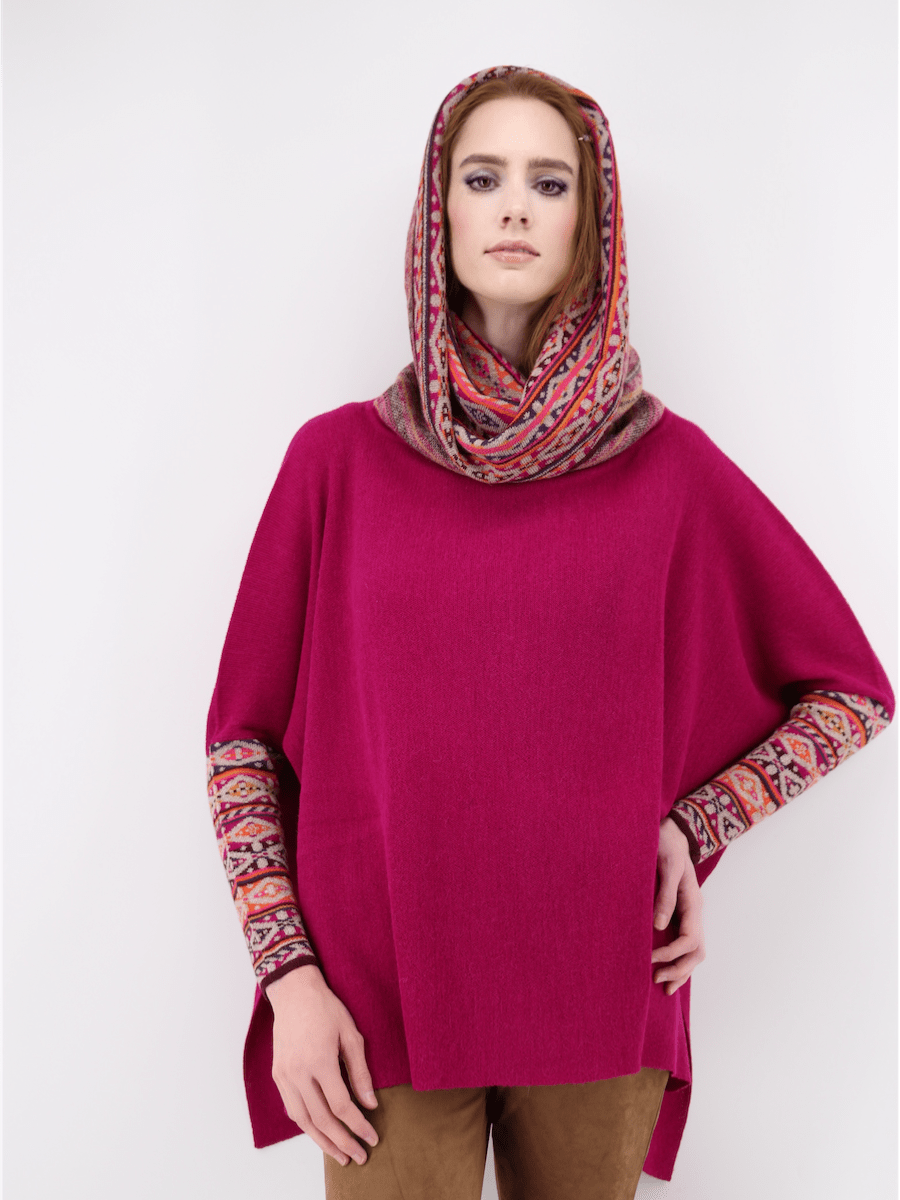 Women&#39;s Poncho Sweater with Sleeves in Bright Pink - Qinti - The Peruvian Shop